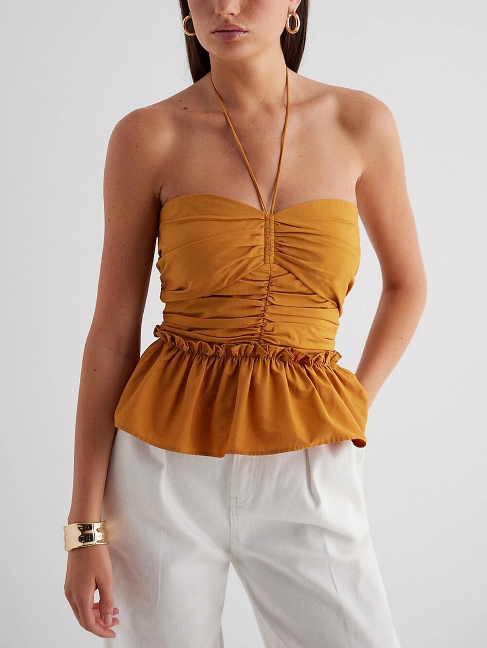 Express Women's Halter Neck Ruched Peplum Top